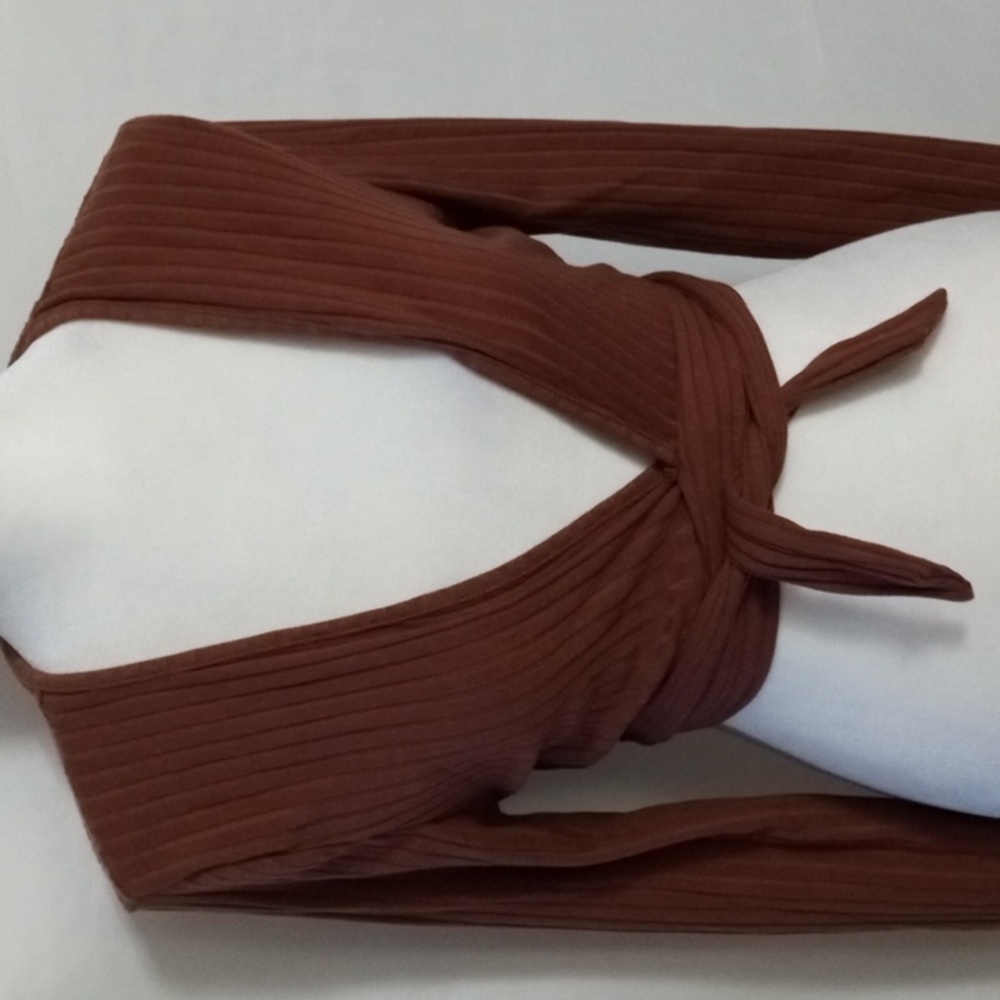 SHEIN Chocolate Ribbed Long Sleeve Wrap Crop Top - Picture 3 of 5